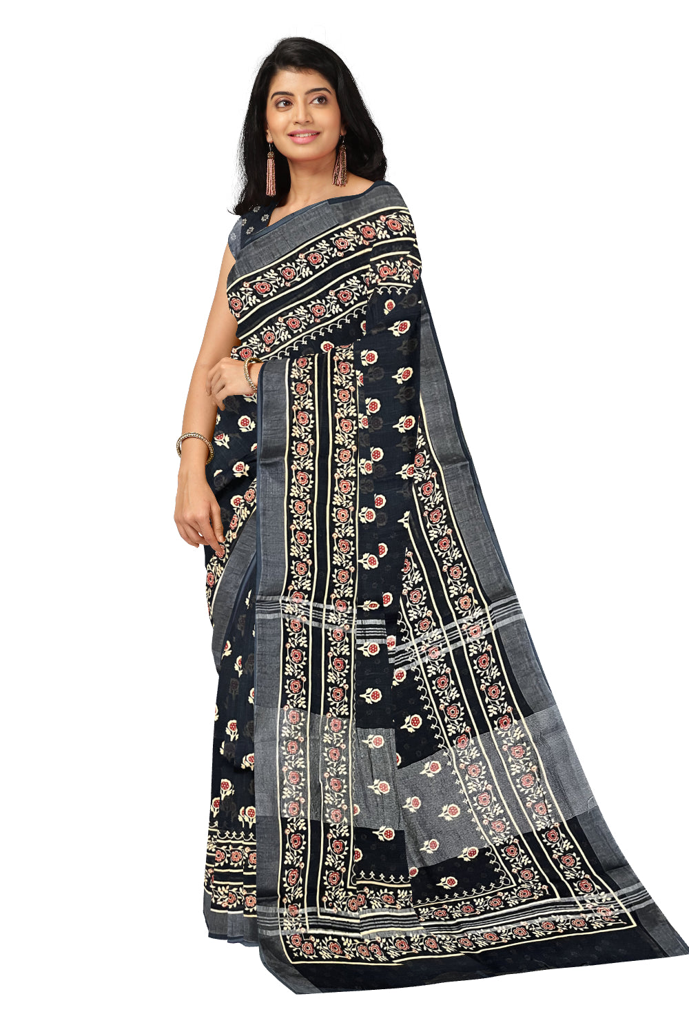 Southloom Linen Black Designer Saree with Floral Prints on Body