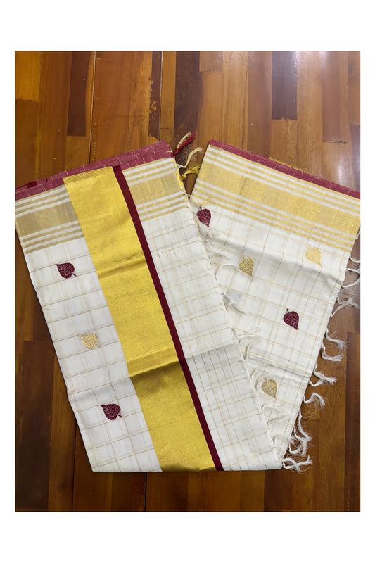 Southloom™ Premium Handloom Kerala Kasavu Check Saree with Golden and Maroon Leaf Woven Designs