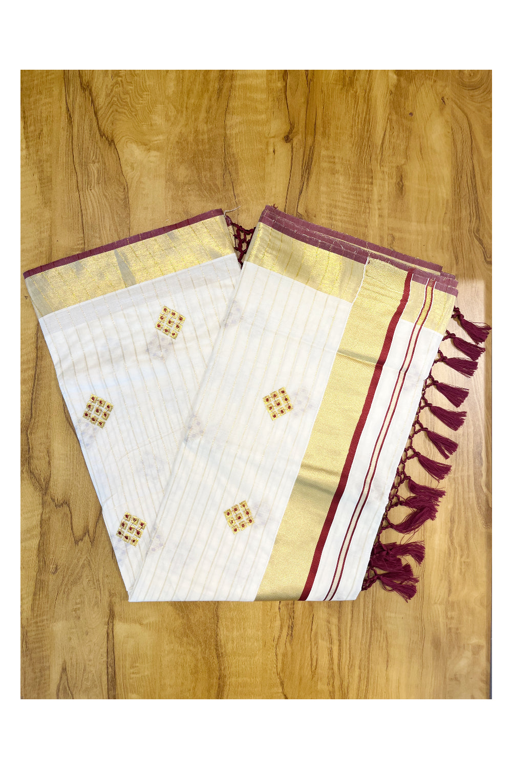 Kerala Cotton Kasavu Stripes Saree with Maroon Floral Embroidery Design on Body