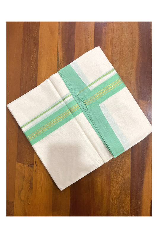 Pure Cotton 100x100 Double Mundu with Kasavu and Light Green Kara (Onam Mundu 2023)