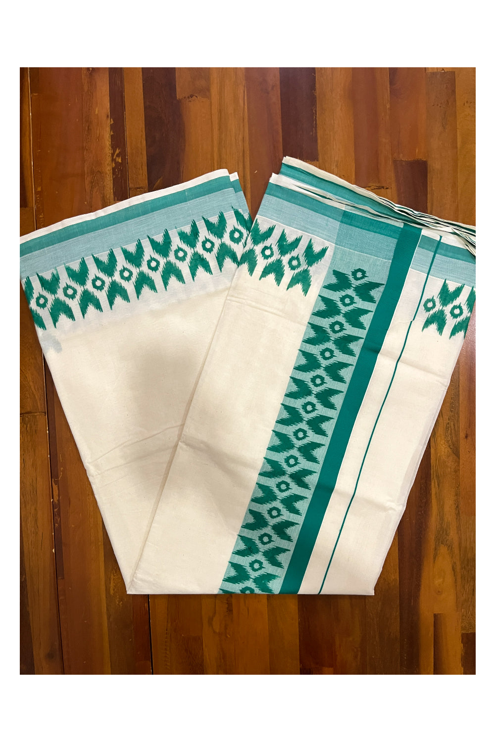 Pure Cotton Kerala Saree with Green Block Printed Border