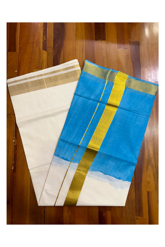 Southloom Tie and Dye Multi Colour Blue Kasavu Saree