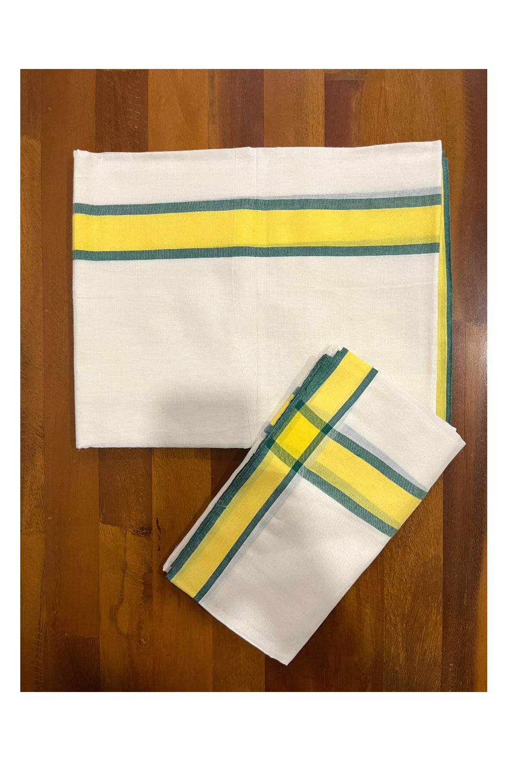 Kerala Cotton Mulloth Single Set Mundu (Mundum Neriyathum) with Yellow and Green Border (Extra Soft Cotton)