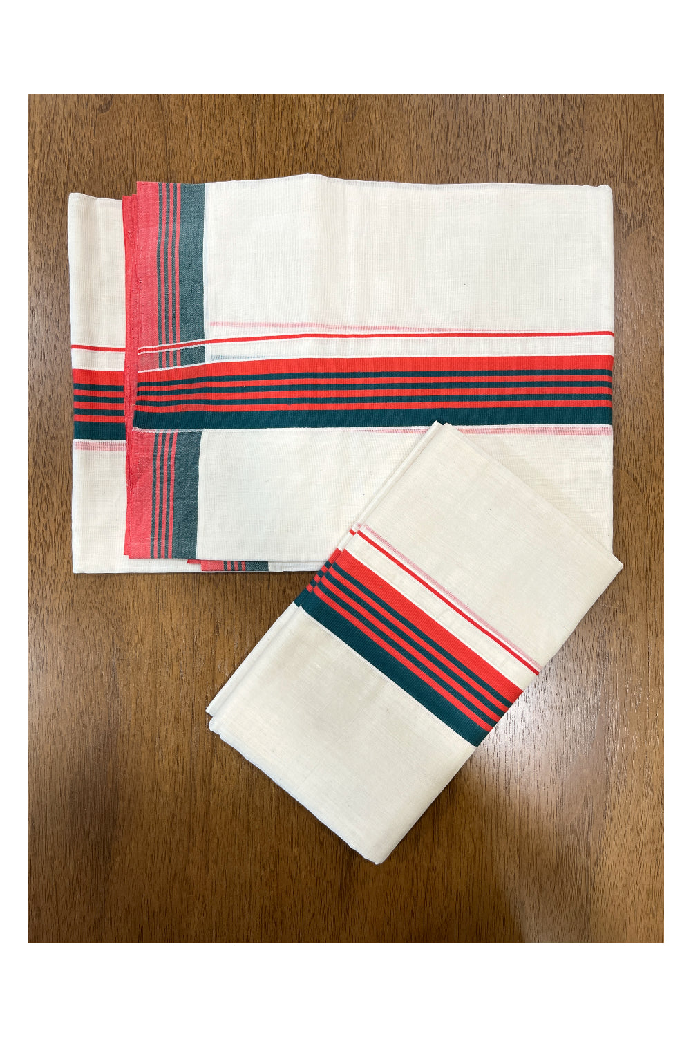 Southloom Premium Handloom Single Set Mundu (Mundum Neruyathum) with Green and Red Border