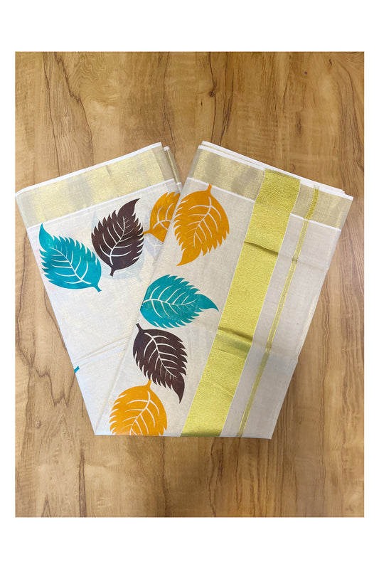 Kerala Tissue Saree with Vibrant Colour Big Leaf Designs on Border