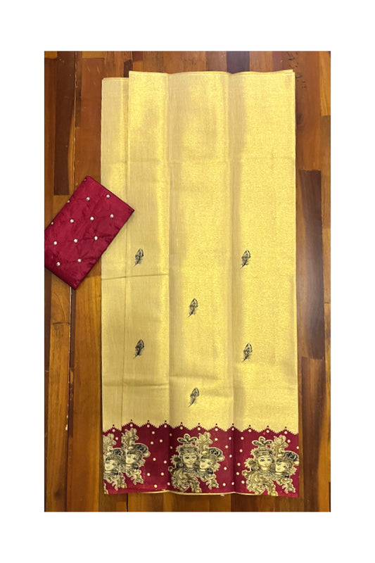 Kerala Tissue Block Printed Pavada and Maroon Blouse Material for Kids 3 Meters