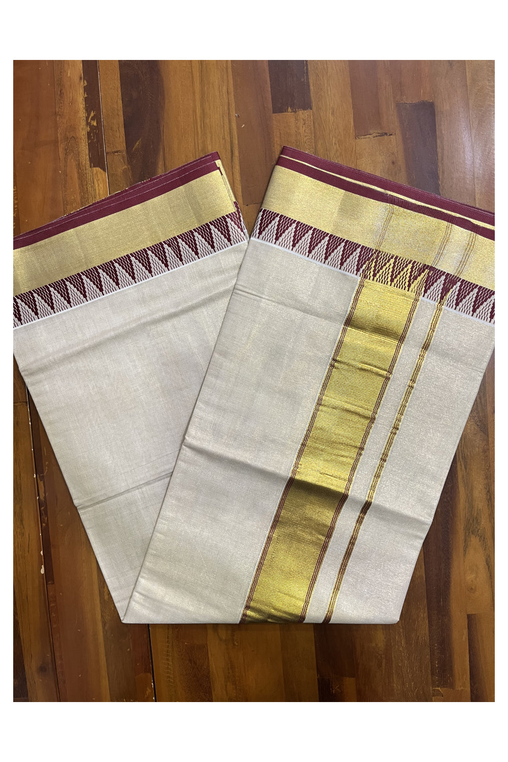 Kerala Tissue Saree with Kasavu and Maroon Temple Woven Designs on Border (Vishu 2024 Collection)