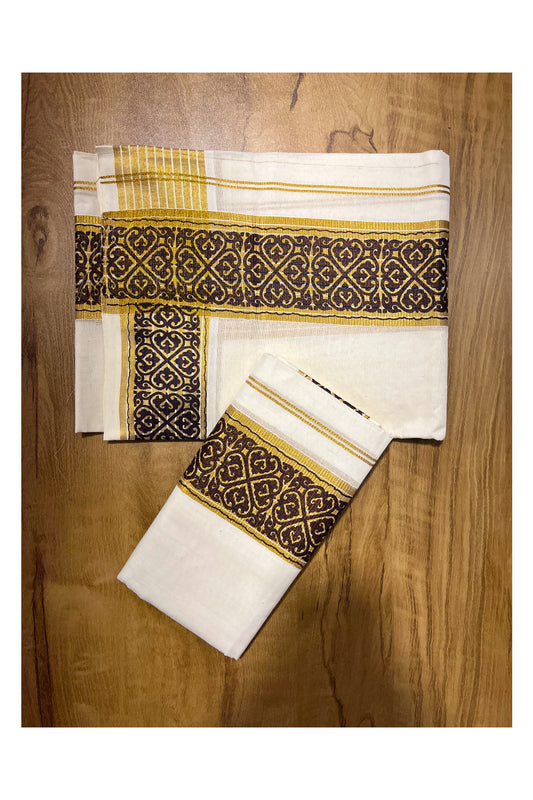 Kerala Pure Cotton Set Mundu Single (Mundum Neriyathum) with Brown Block Prints on Kasavu Border 2.80Mtrs
