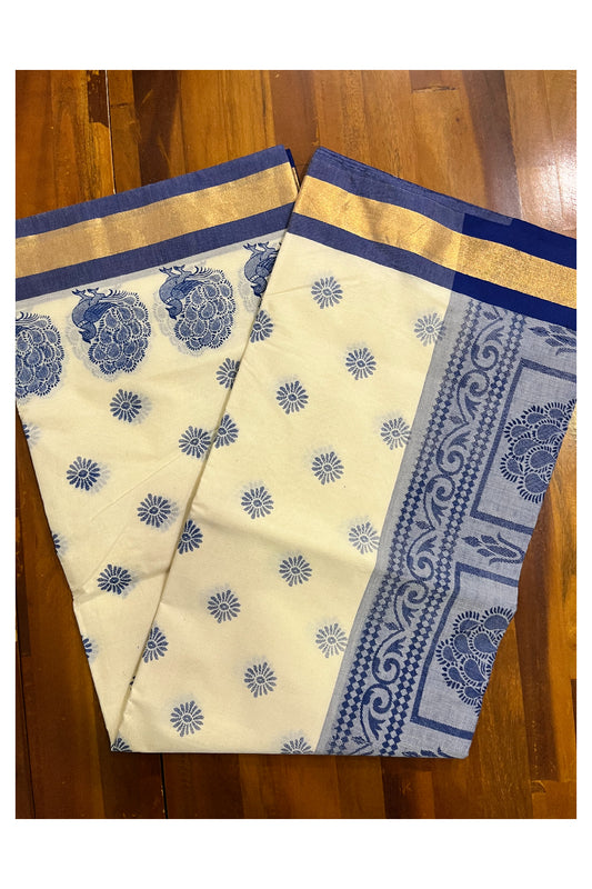 Pure Cotton Kerala Saree with Dark Blue Block Print Designs and Kasavu Border (Vishu 2024 Collection)