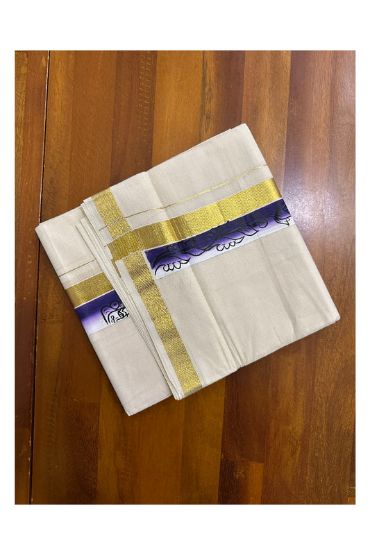 Kerala Pure Cotton Double Mundu with Hand Painted Designs on Kasavu Border(South Indian Kerala Dhoti)