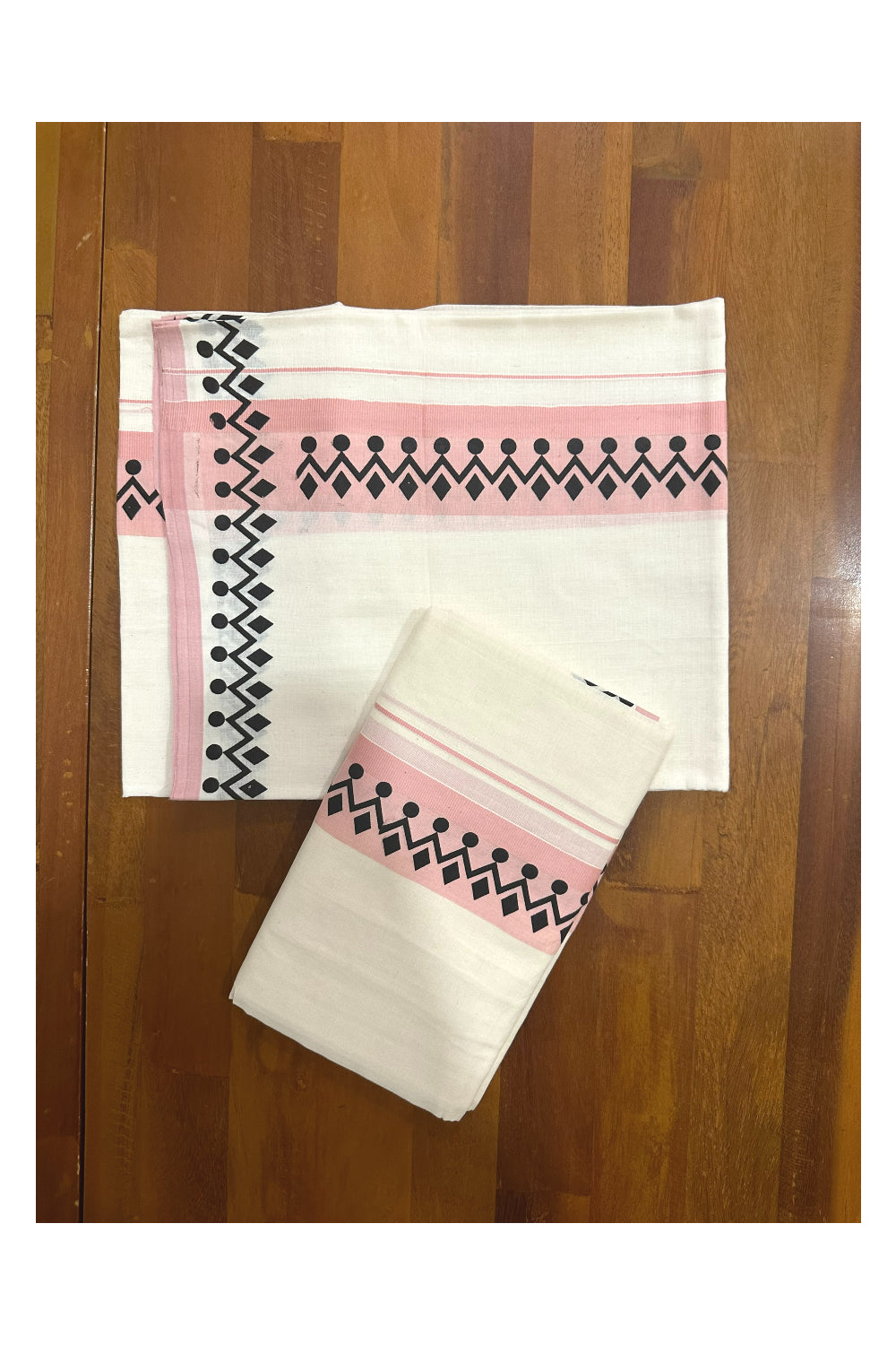 Kerala Cotton Set Mundu (Mundum Neriyathum) with Block Prints on Peach Border (Onam Set Mundu 2023)