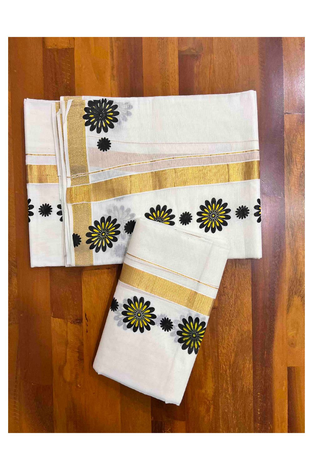 Kerala Cotton Set Mundu (Mundum Neriyathum) with Black Yellow Floral Prints on Kasavu Border