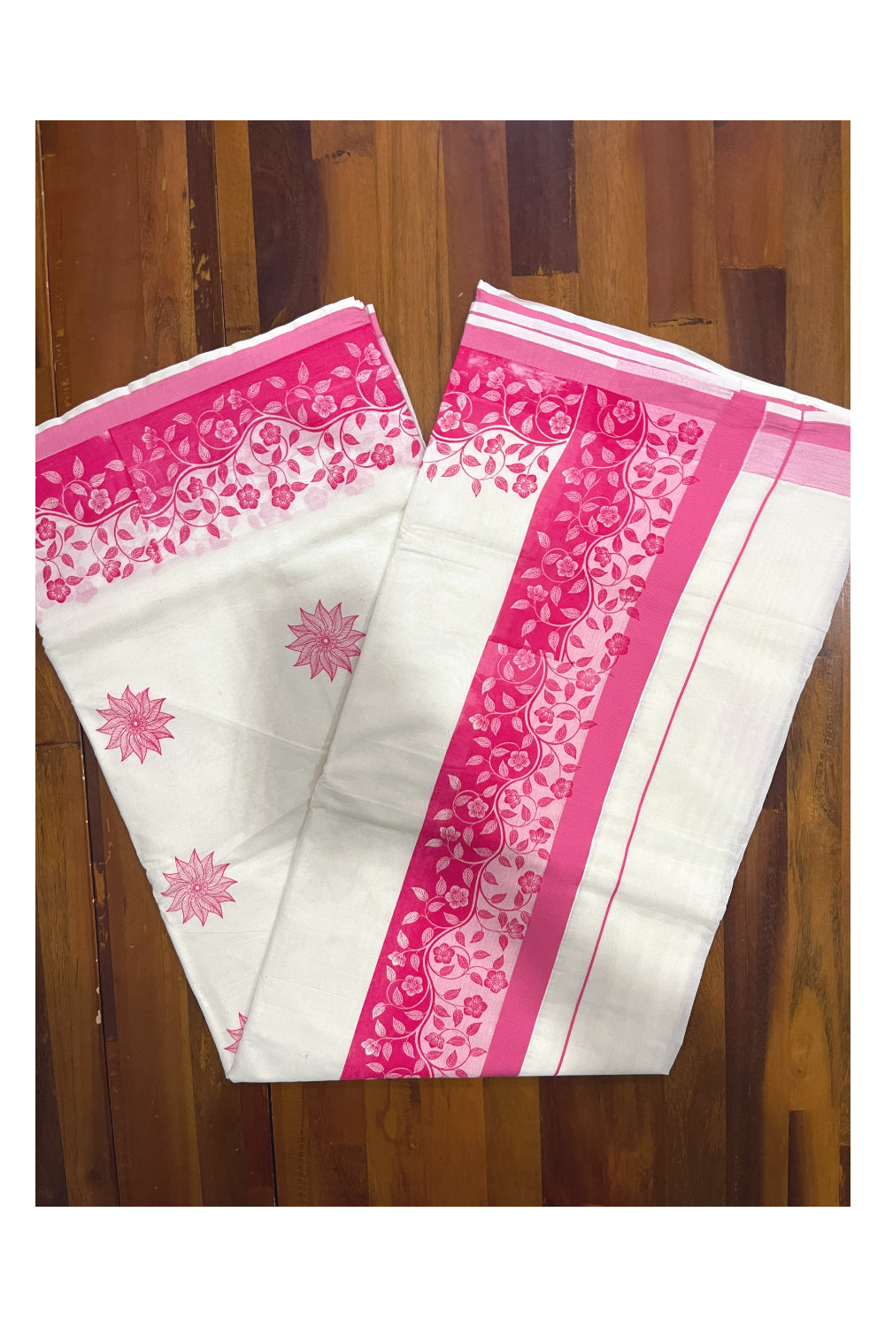 Kerala Cotton Saree with Pink Floral Block Prints on Border