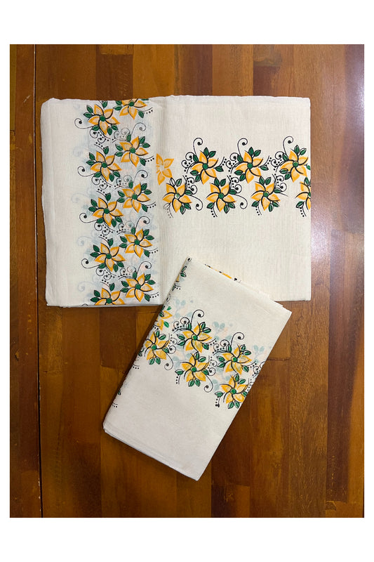 Kerala Cotton Mundum Neriyathum Single (Set Mundu) with Orange Green Floral Block Prints in Border 2.75 Mtrs