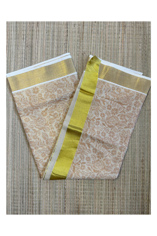 Kerala Tissue Kasavu Saree with Brown Block Printed Designs