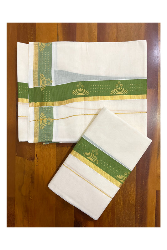 Kerala Pure Cotton Single Set Mundu (Mundum Neriyathum) with Block Prints on Green and Kasav Border