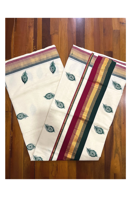 Pure Cotton Kerala Kasavu Saree with Feather Block Printed Maroon Green Border