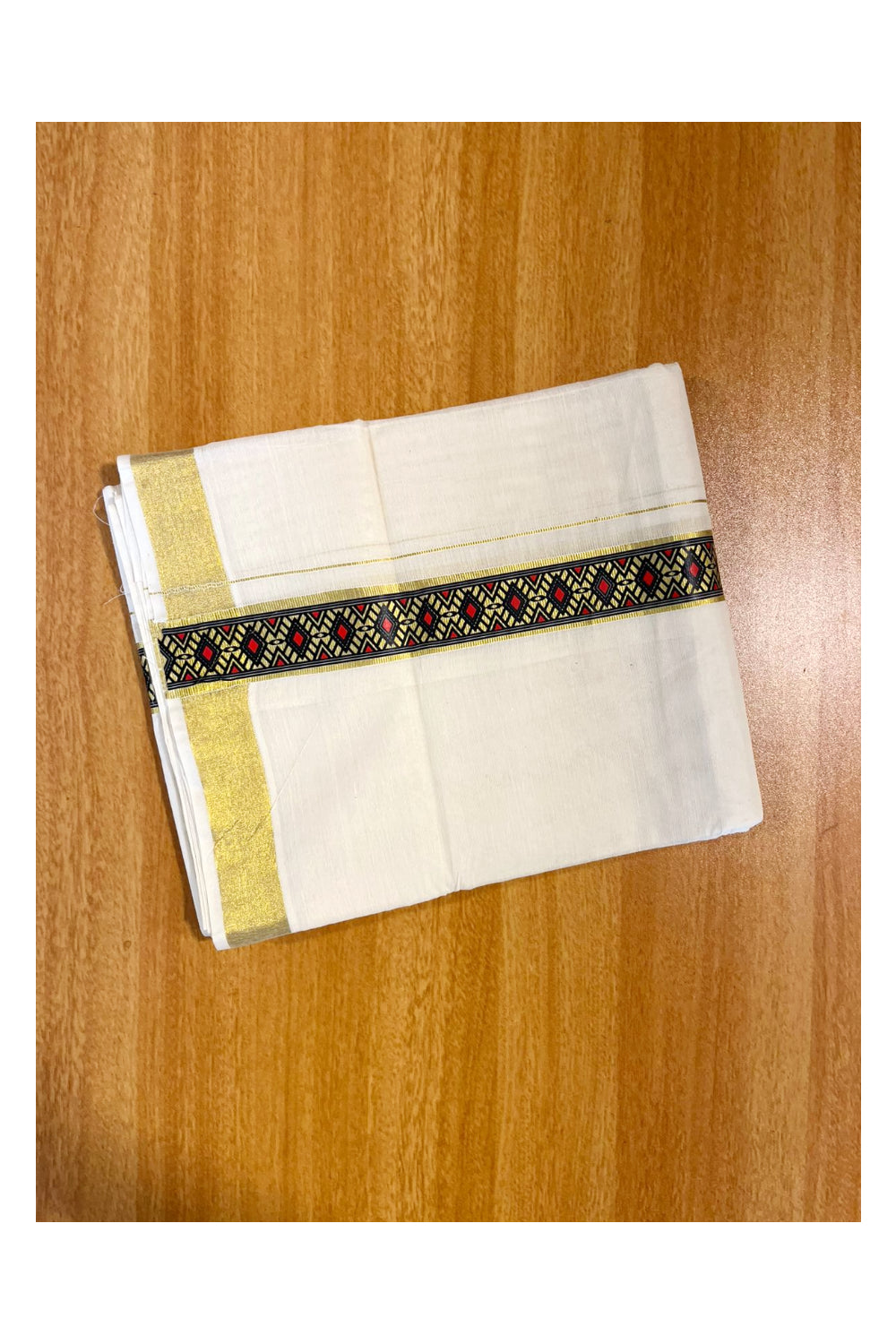 Southloom Kasavu Double Mundu with Prints on Kasavu Kara