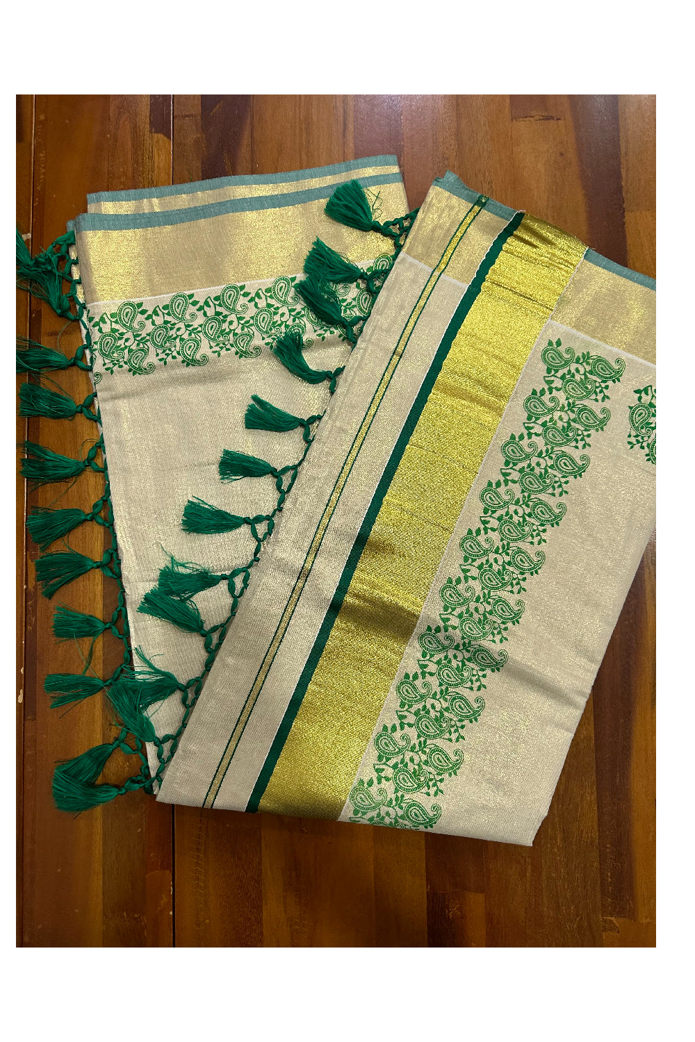 Kerala Tissue Kasavu Saree with Light Green Paisley Block Prints and Tassels Works on Pallu (Onam Saree 2023)