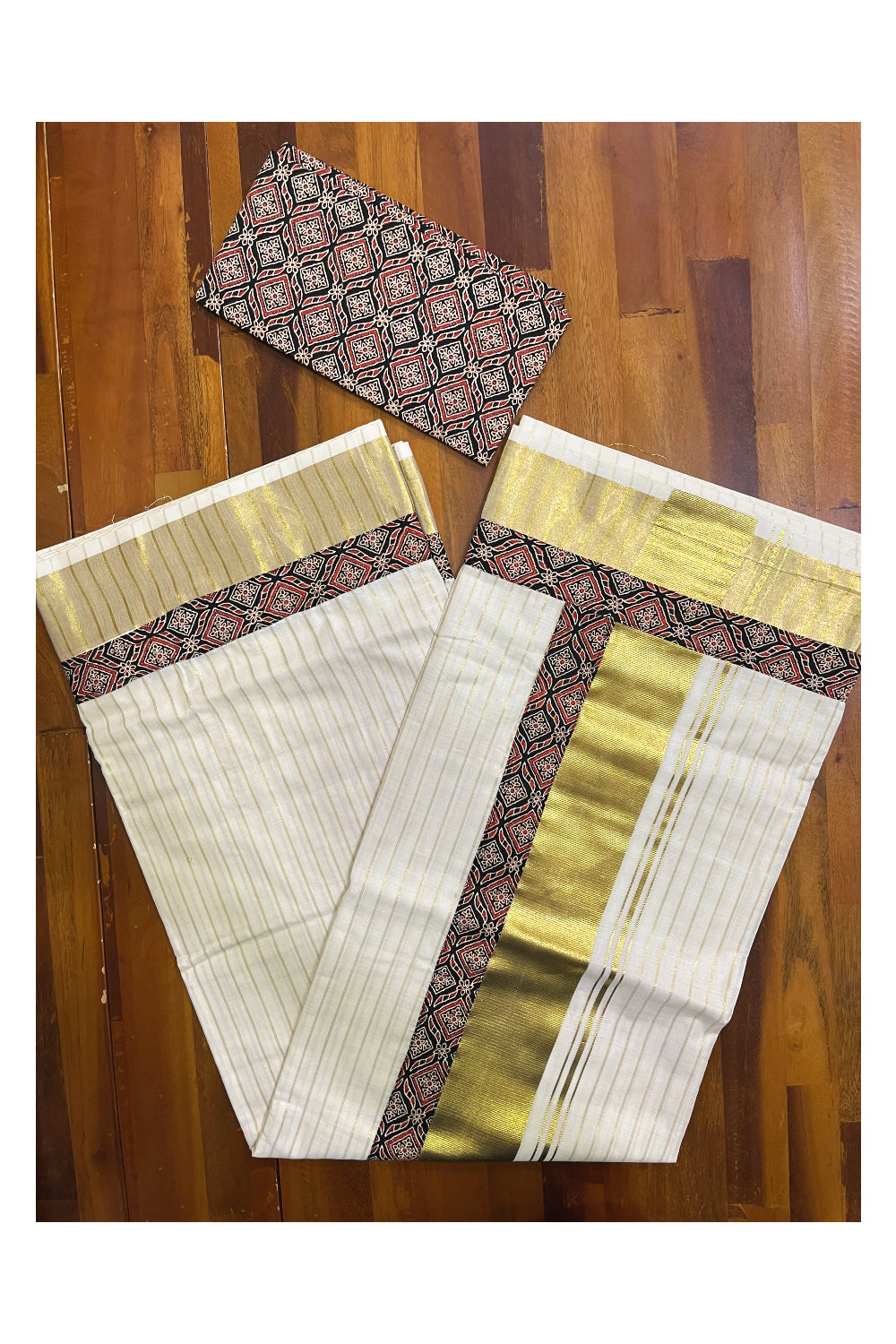 Kerala Pure Cotton Kasavu Striped Saree with Ajrakh Stitched Borders and Matching Blouse Piece