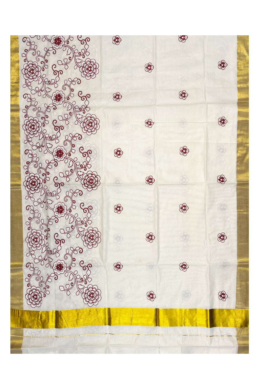 Southloom Kerala Cotton Kasavu Saree with Maroon And White Floral Embroidery Designs