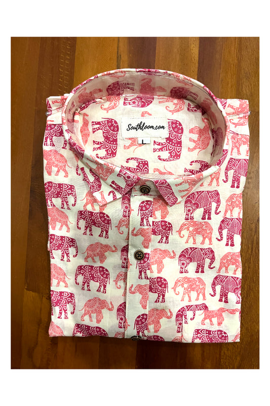 Southloom Jaipur Cotton Pink Elephant Hand Block Printed Shirt (Full Sleeves)