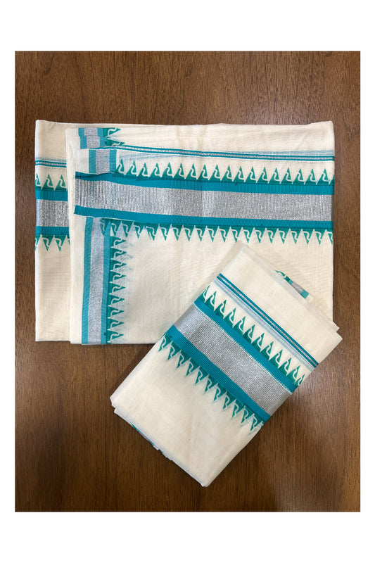 Cotton Single Set Mundu (Mundu Neriyathum) with Turquoise Temple Block Prints and Silver Kasavu Border