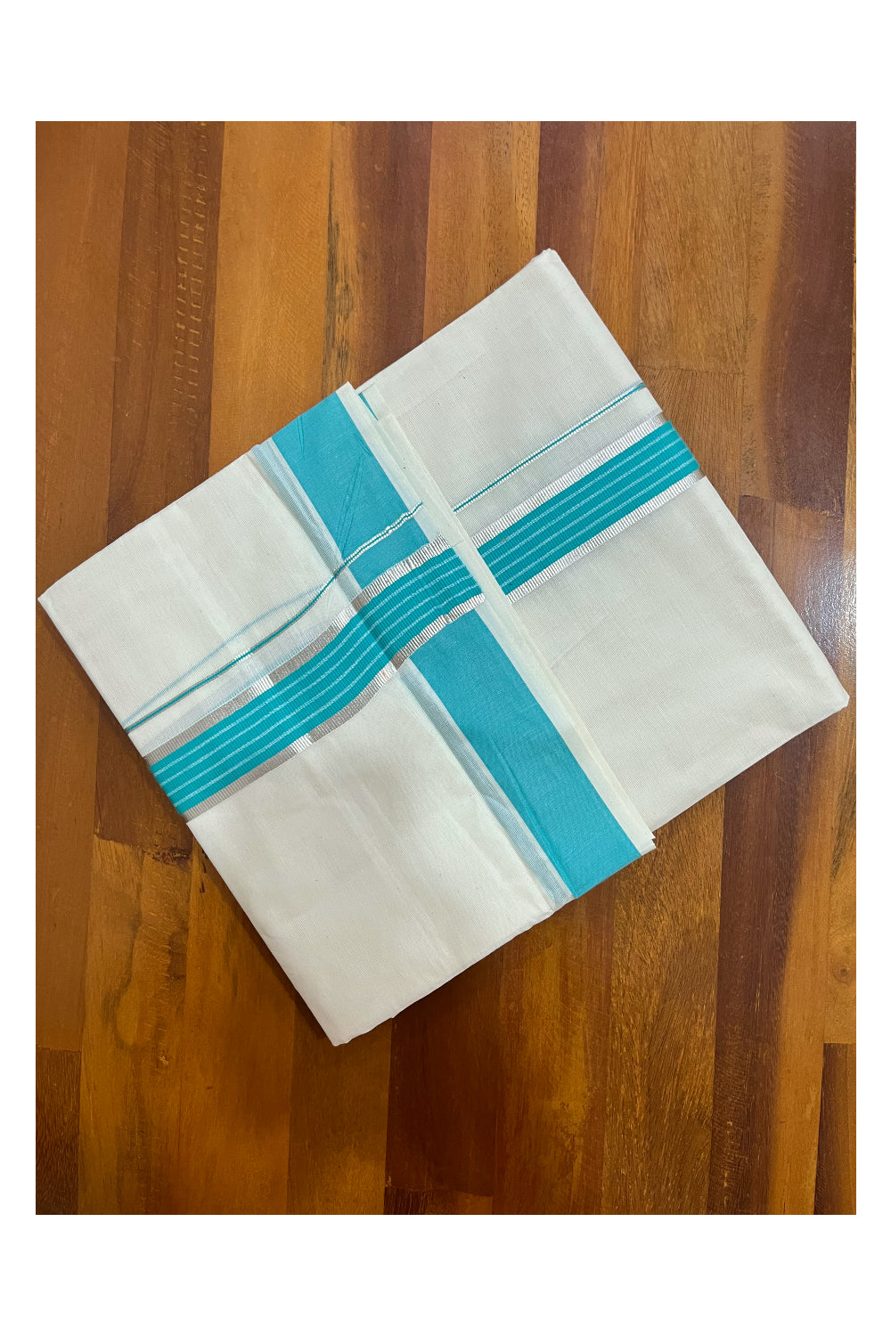 Kerala Cotton Double Mundu with Turquoise and Silver Kasavu Line Border (Onam Mundu 2023)