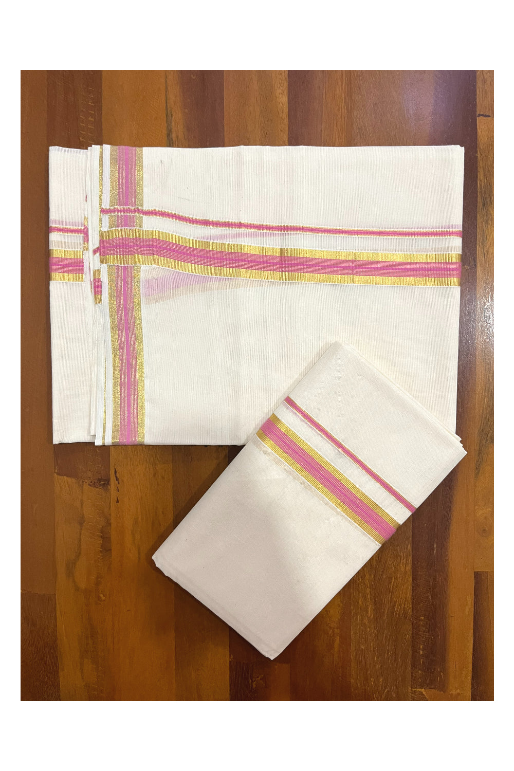 Pure Cotton Kerala Single Set Mundu (Mundum Neriyathum) with Pink and Kasavu Border 2.80 Mtrs (Onam Set Mundu 2023)