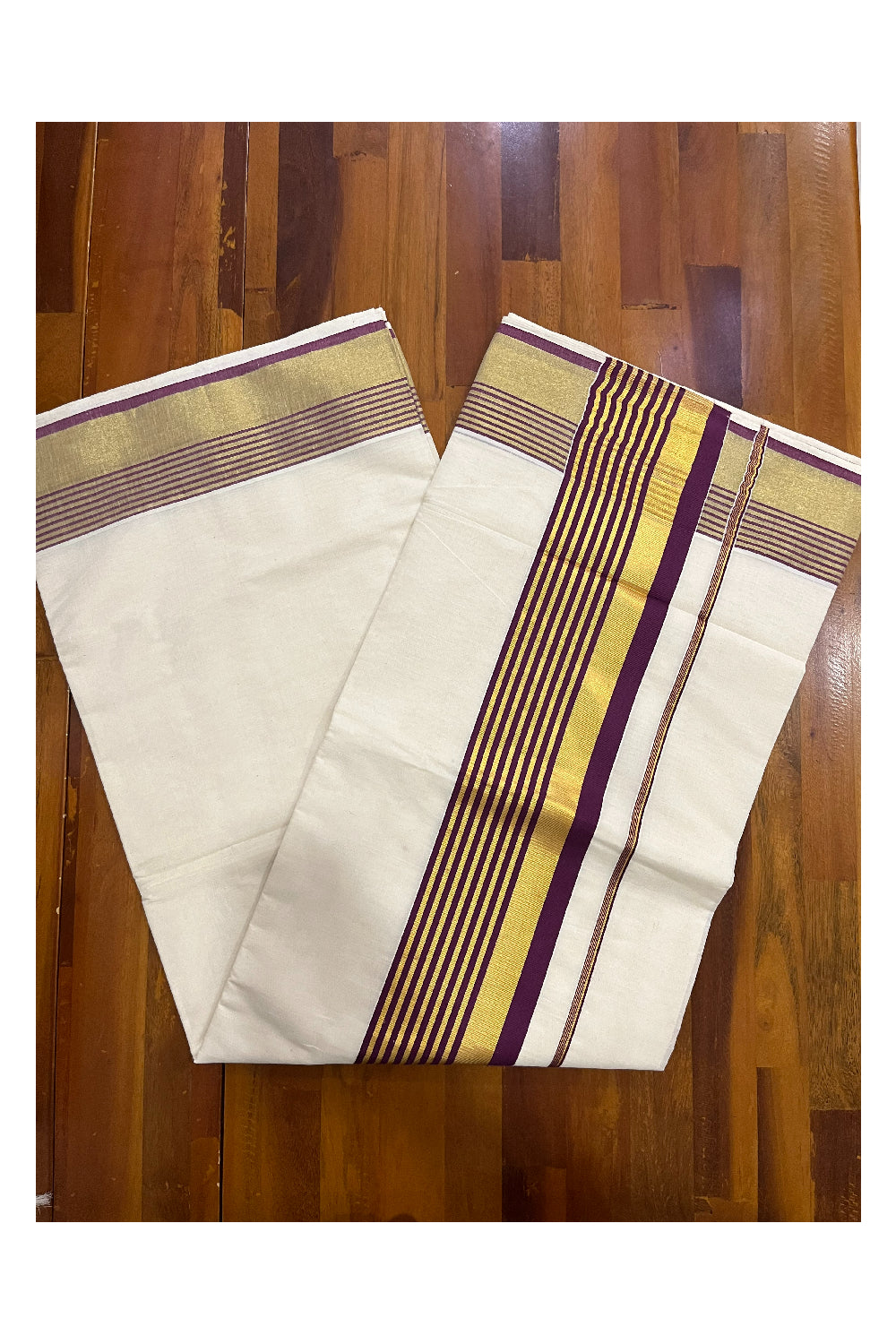 Kerala Pure Cotton Saree with Kasavu and Purple Border