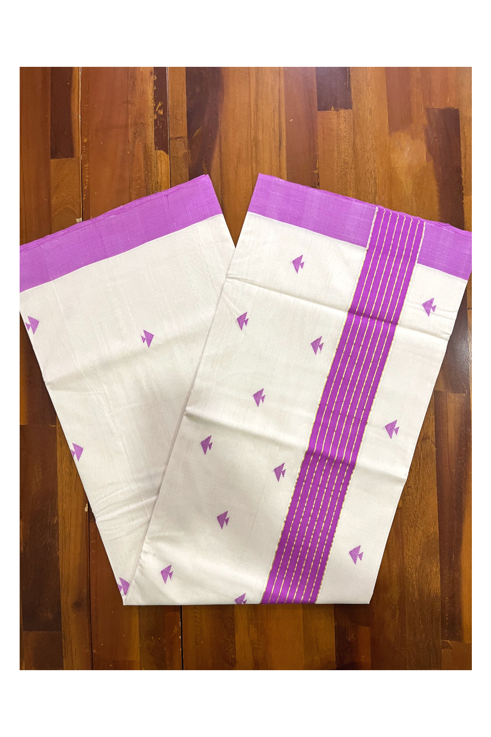 Southloom Premium Balaramapuram Unakkupaavu Handloom Cotton Butta Saree with Violet and Kasavu Border