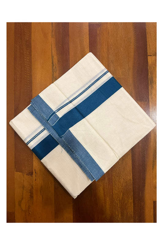 Off White Kerala Double Mundu with Blue Kara (South Indian Kerala Dhoti)