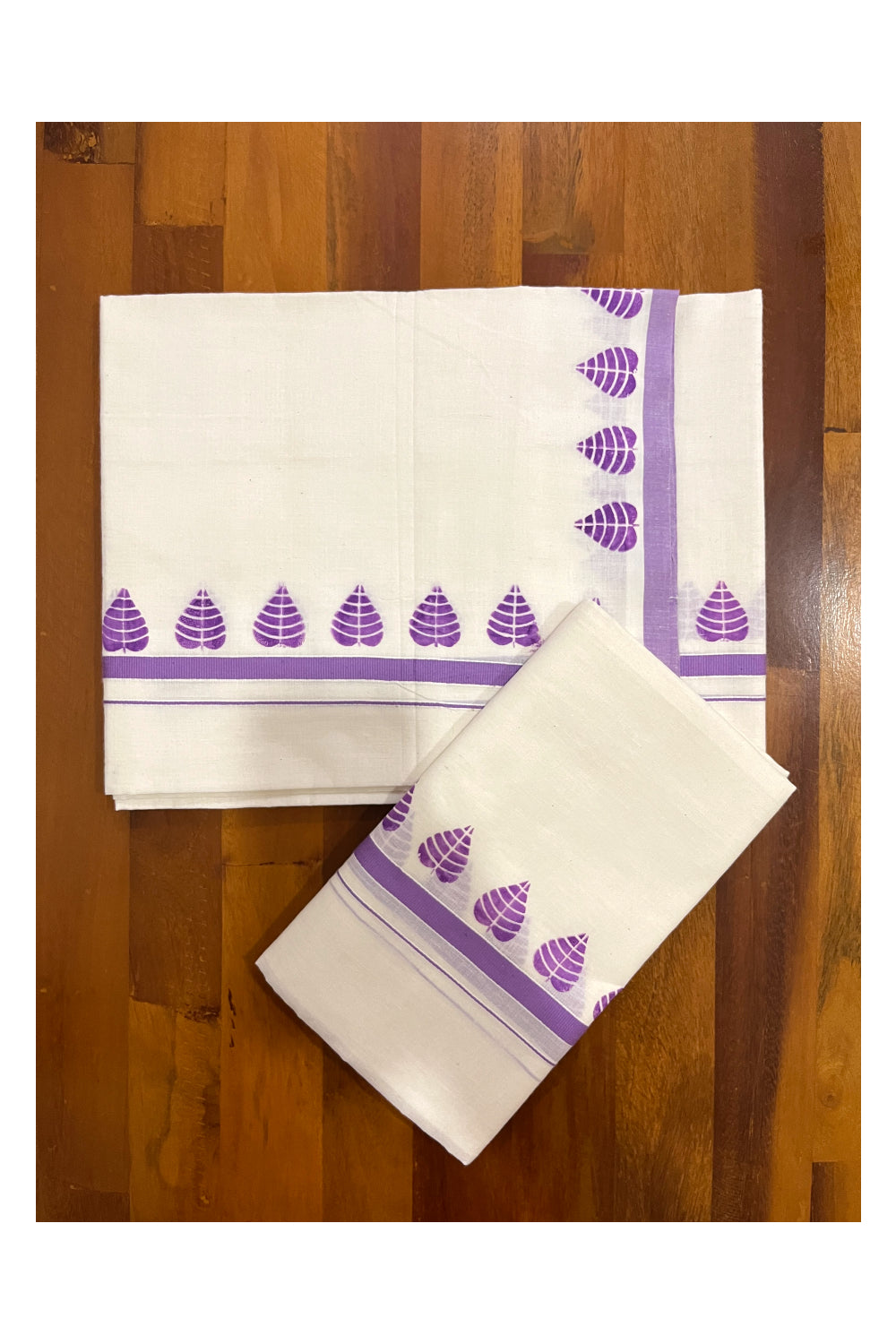 Kerala Cotton Mundum Neriyathum Single (Set Mundu) with Violet Block Prints on Border