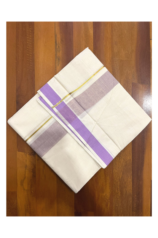 Pure Cotton Kerala Double Mundu with Kasavu and Violet Kara (South Indian Kerala Dhoti)