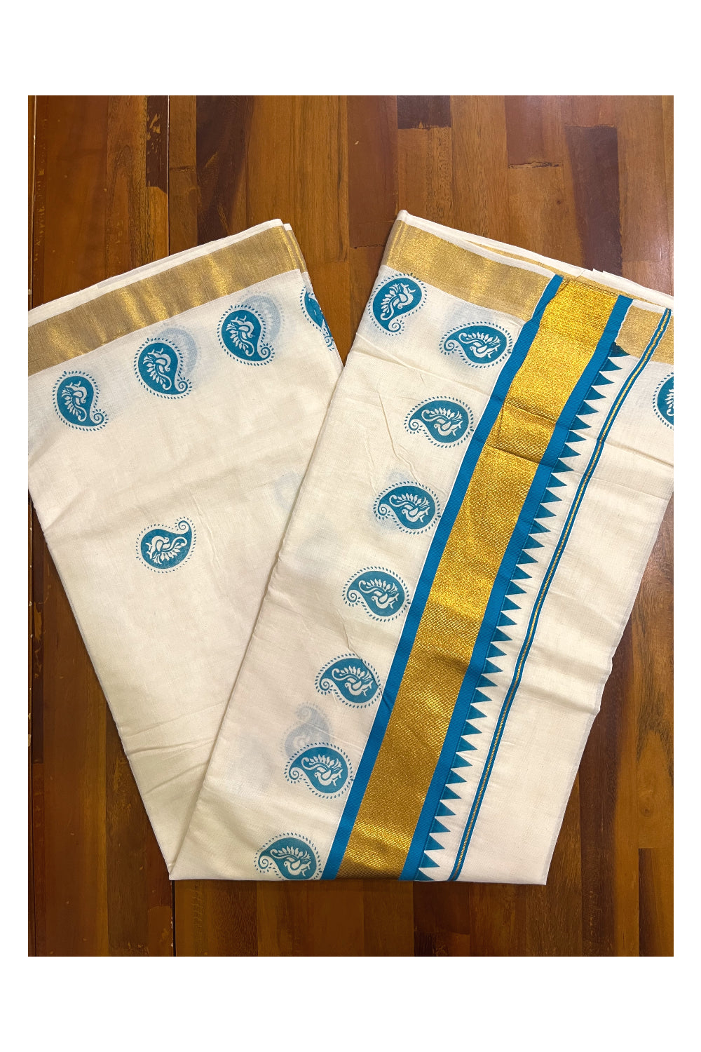 Pure Cotton Kerala Kasavu Saree with Blue Paisley Peacock Block Prints on Body and Kasavu Border