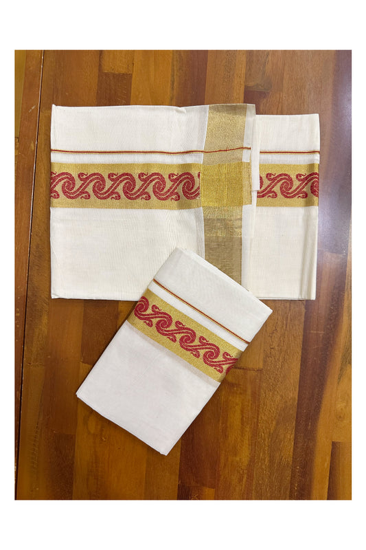 Kerala Pure Cotton Single Set Mundu (Mundum Neriyathum) with Red Block Prints on Kasavu Border-2.80Mtrs