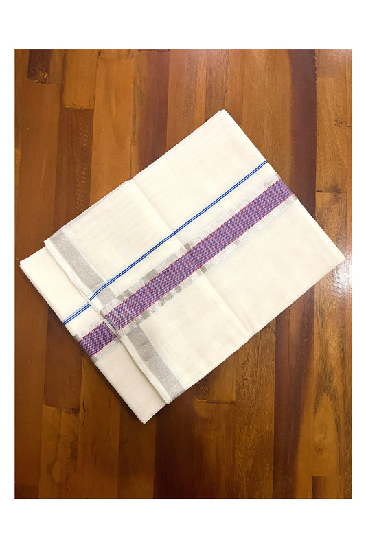 Southloom Premium Handloom Cotton Double Mundu with Silver Kasavu and Blue Magenta Woven Border (South Indian Kerala Dhoti)