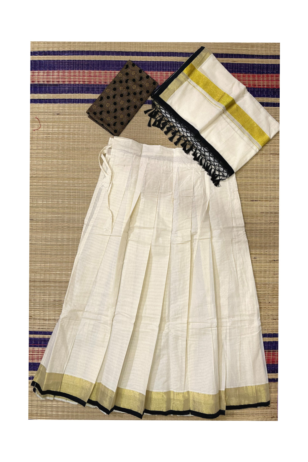 Semi Stitched Dhavani Set with Cotton Pavada and Black Brown Woven Work Blouse Piece