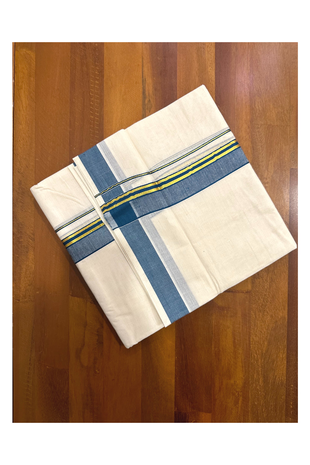 Kerala Cotton Double Mundu with Blue and Kasavu Border (Onam Mundu 2023)