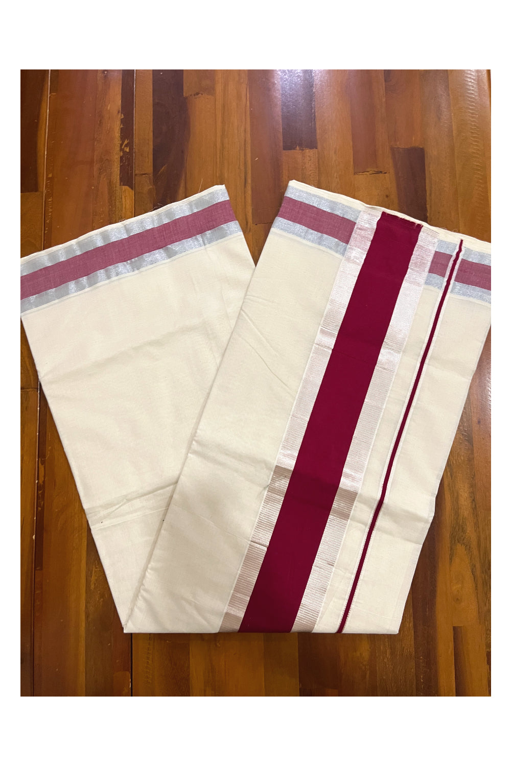 Pure Cotton Kerala Saree with Maroon and Silver Kasavu Border