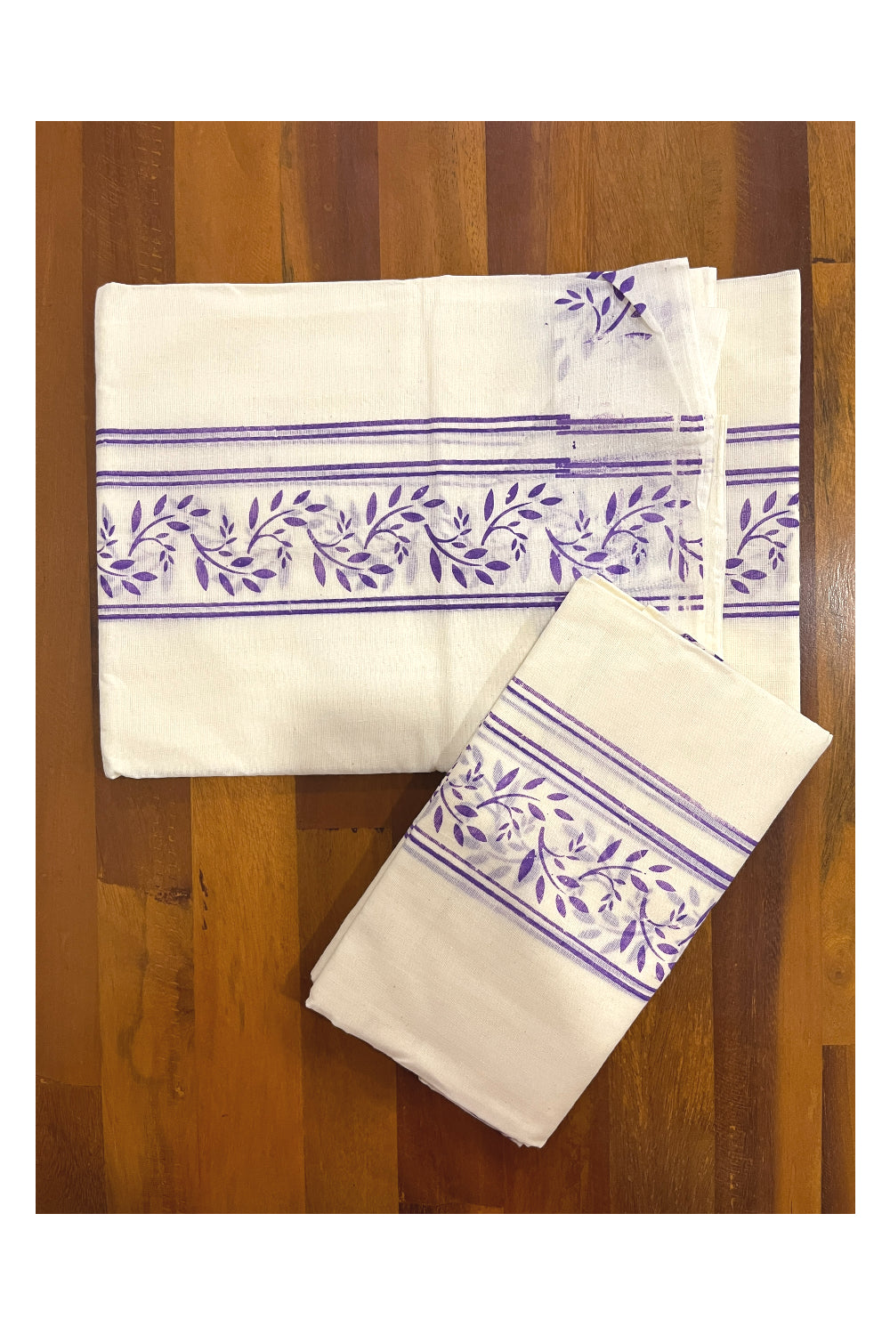 Pure Cotton Kerala Single Set Mundu (Mundum Neriyathum) with Violet Block Prints on Border