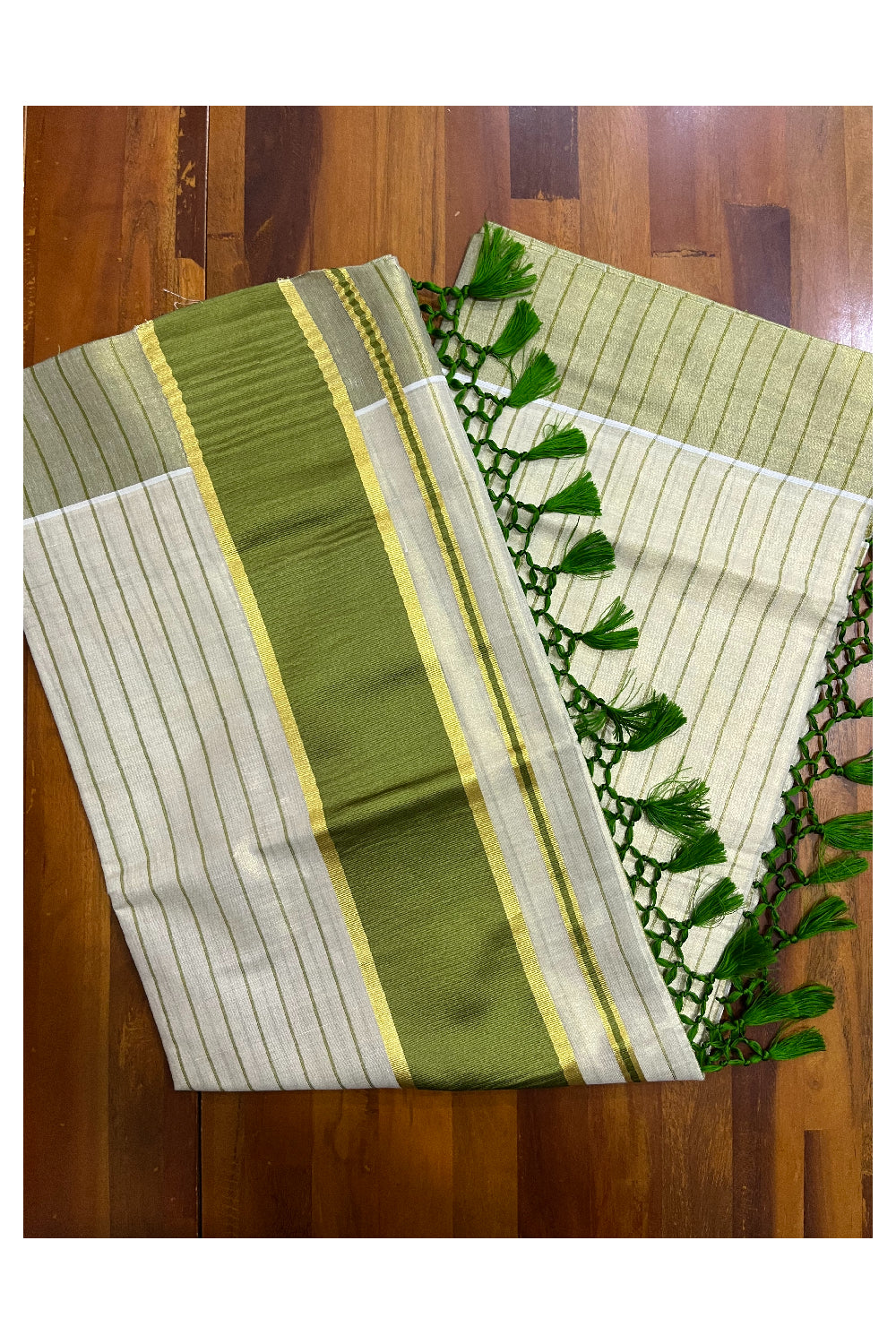 Kerala Tissue Light Green Striped Saree with Kasavu Border and Tassels Works (Vishu 2024 Collection)