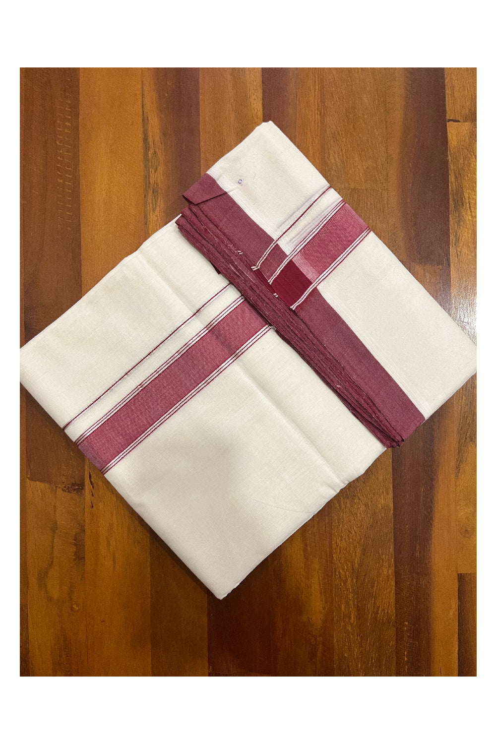 Southloom Premium Balaramapuram Unakkupaavu Handloom Mundu with Maroon and Silver Kasavu Border (South Indian Kerala Dhoti)