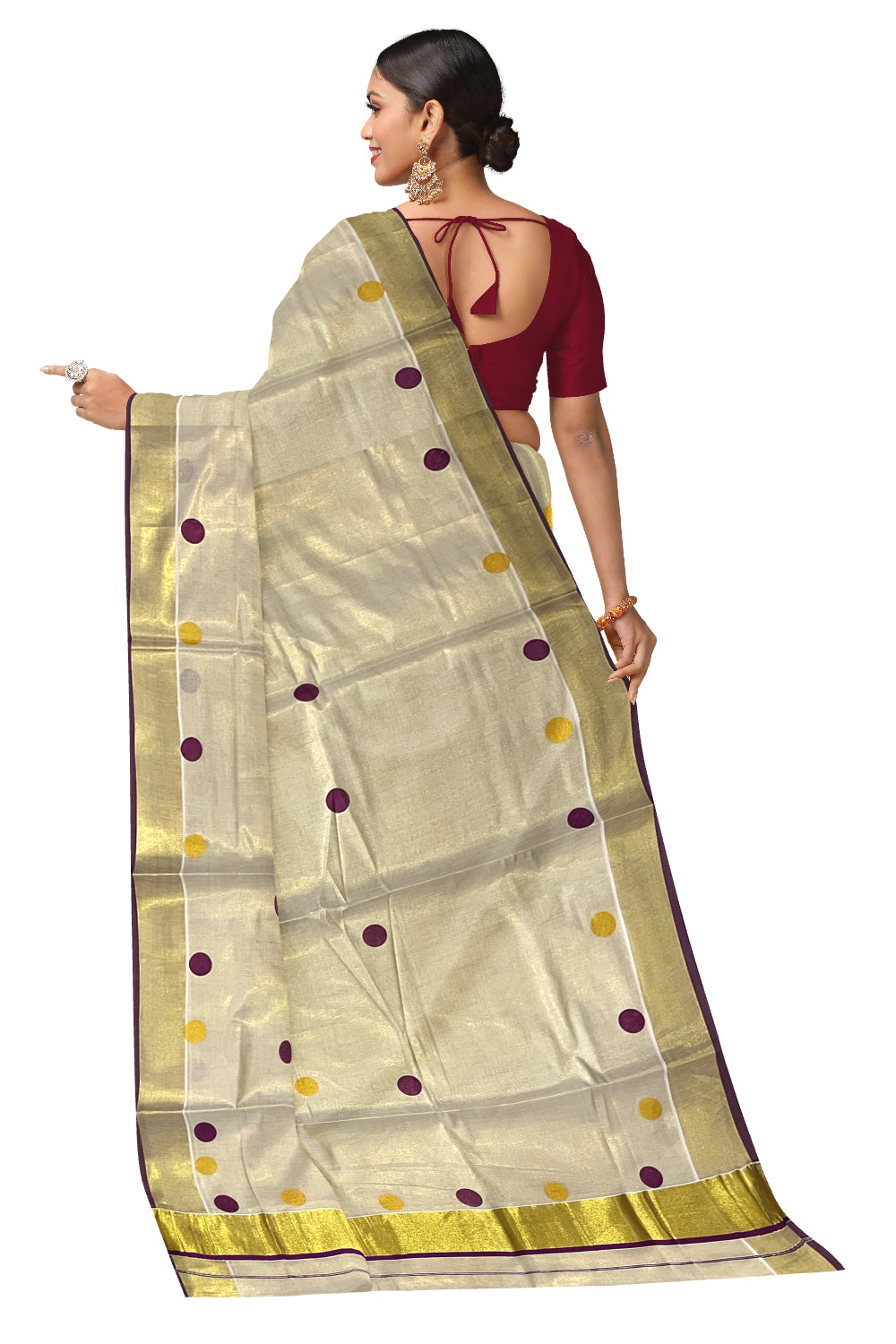 Kerala Tissue Kasavu Saree with Purple and Golden Polka Prints and Tassels Works