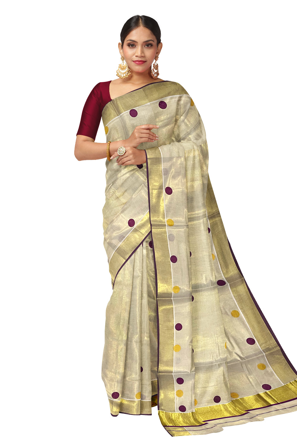 Kerala Tissue Kasavu Saree with Purple and Golden Polka Prints and Tassels Works