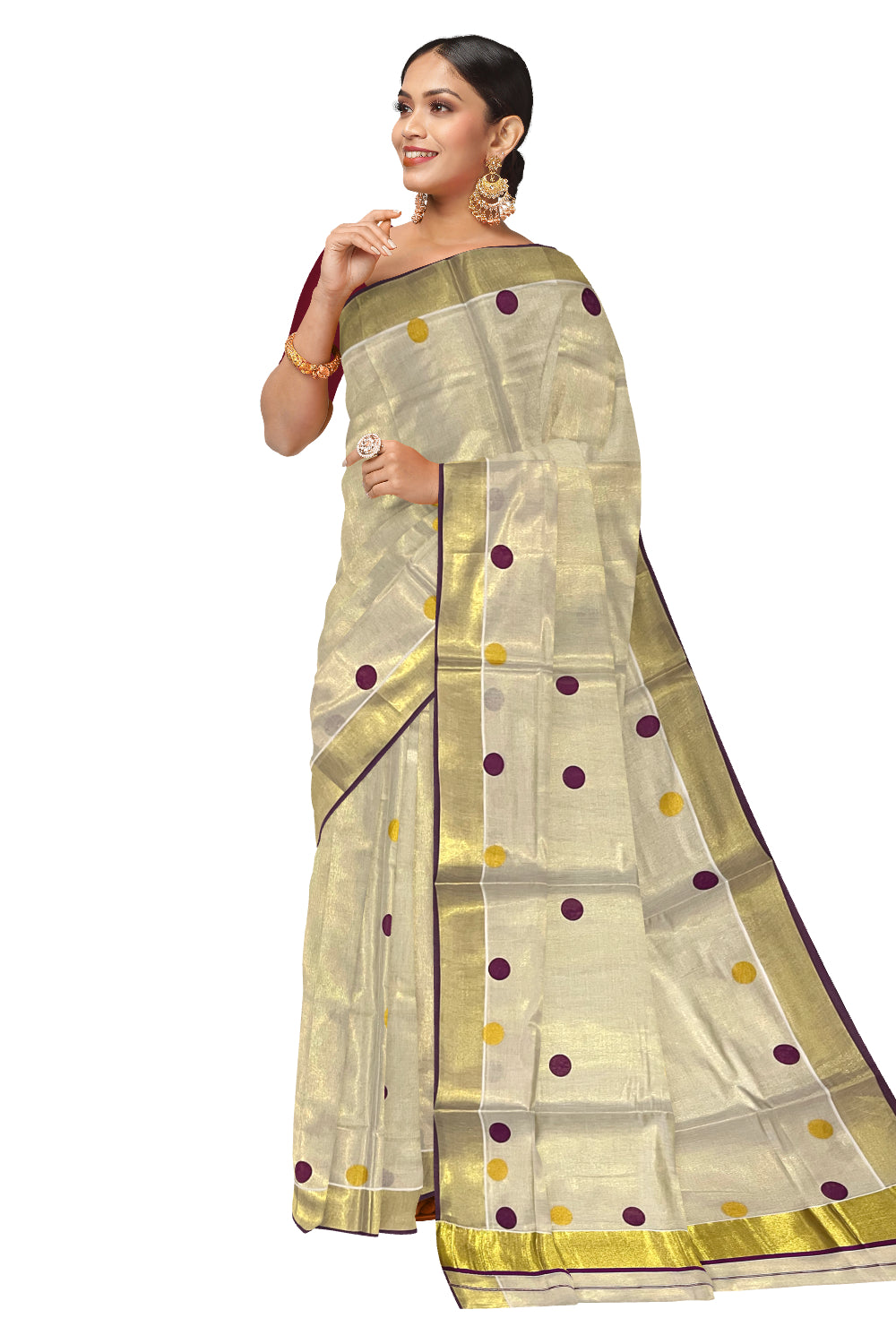 Kerala Tissue Kasavu Saree with Purple and Golden Polka Prints and Tassels Works