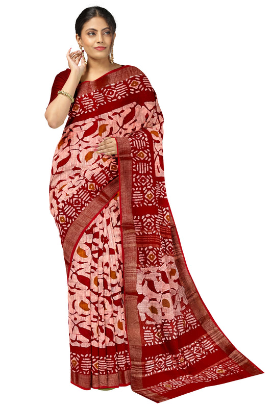 Southloom Linen Red Designer Saree with White Prints