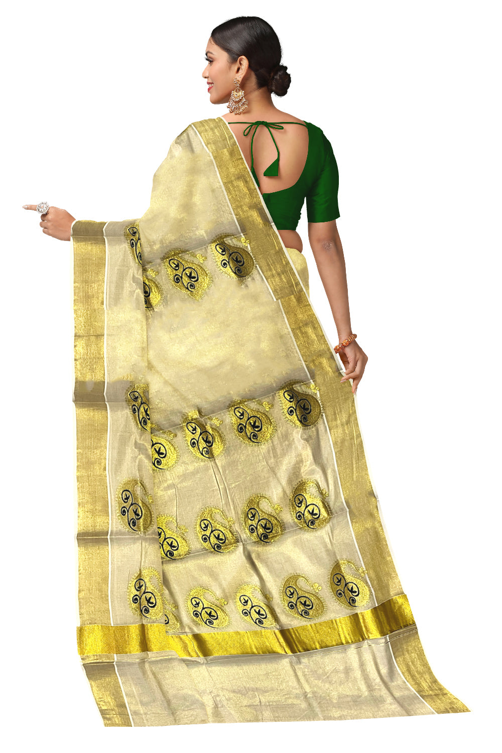 Kerala Tissue Dark Green and Golden Embroidery Work Kasavu Saree