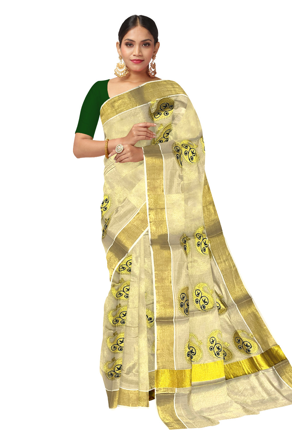 Kerala Tissue Dark Green and Golden Embroidery Work Kasavu Saree