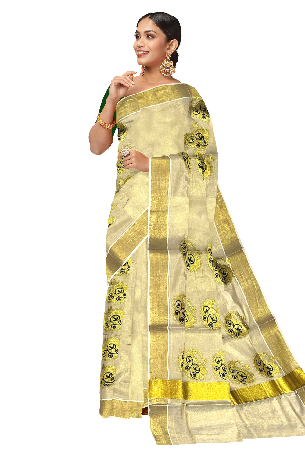 Kerala Tissue Dark Green and Golden Embroidery Work Kasavu Saree